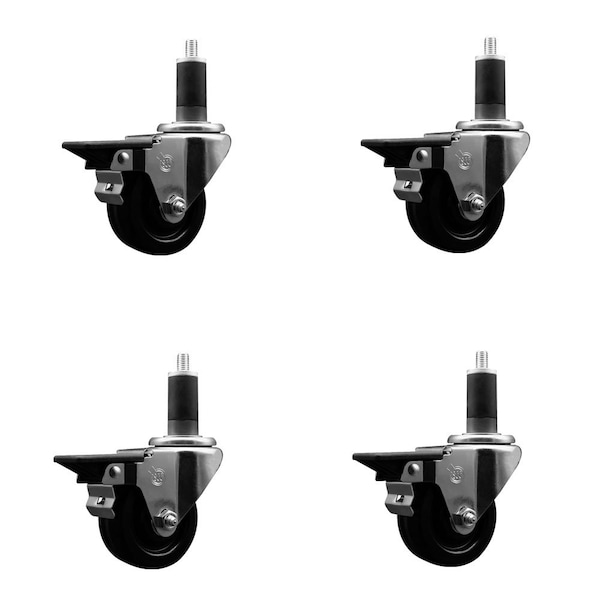 3'' Phenolic Swivel 1-1/4'' Expanding Stem Caster Set with Brake, 4PK